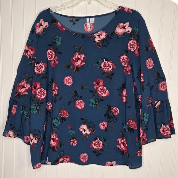 Elle Tops - Elle Blouse Womens XL Blue Floral Bell Sleeve Pullover Top Pink Teal Rose Print